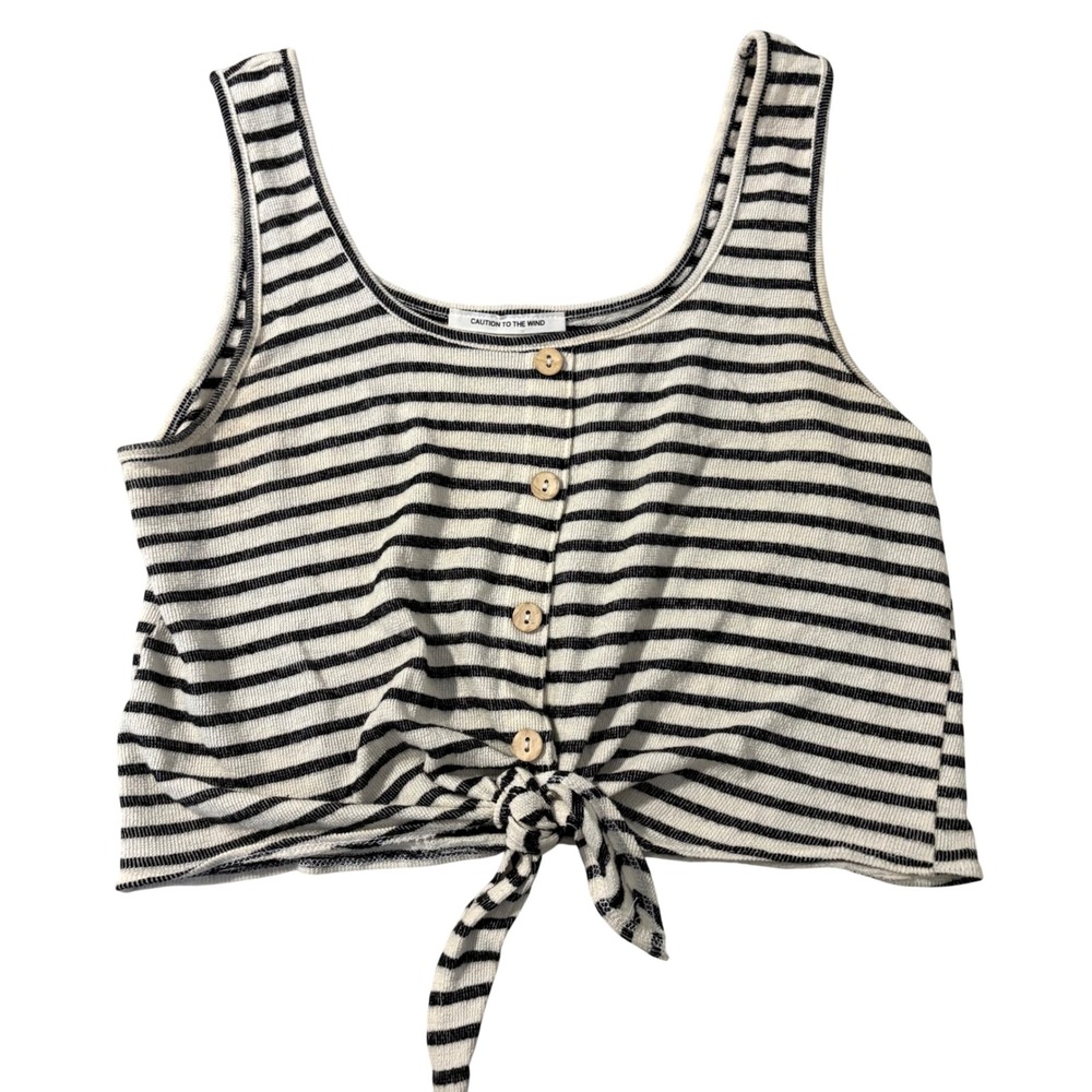 Caution To The Wind Striped Button Front Tie Hem Crop Top Blk White Ribbed Tank